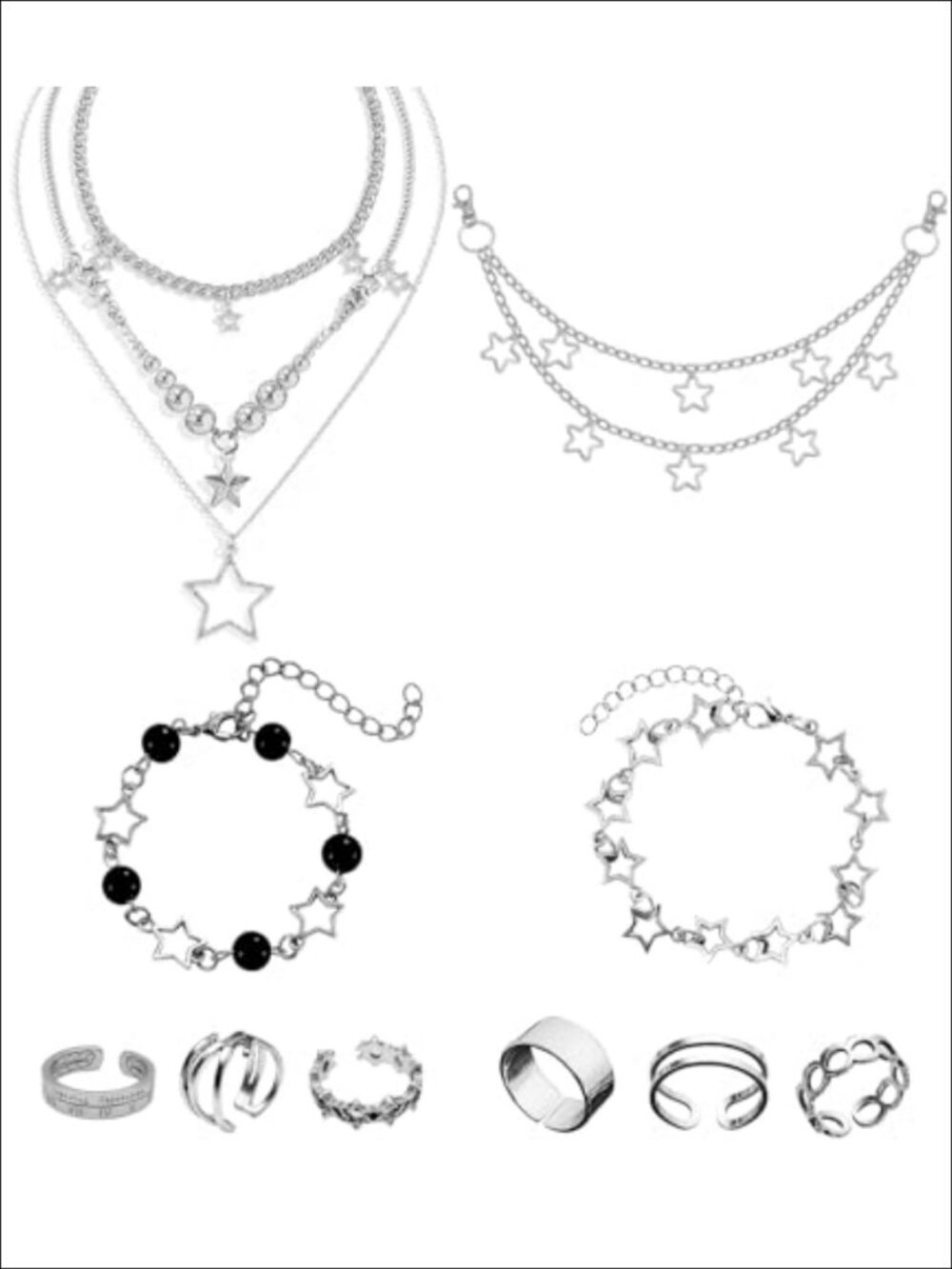 Y2K Layered Necklace Star Bracelet Ring Set Alloy Jewelry Gift